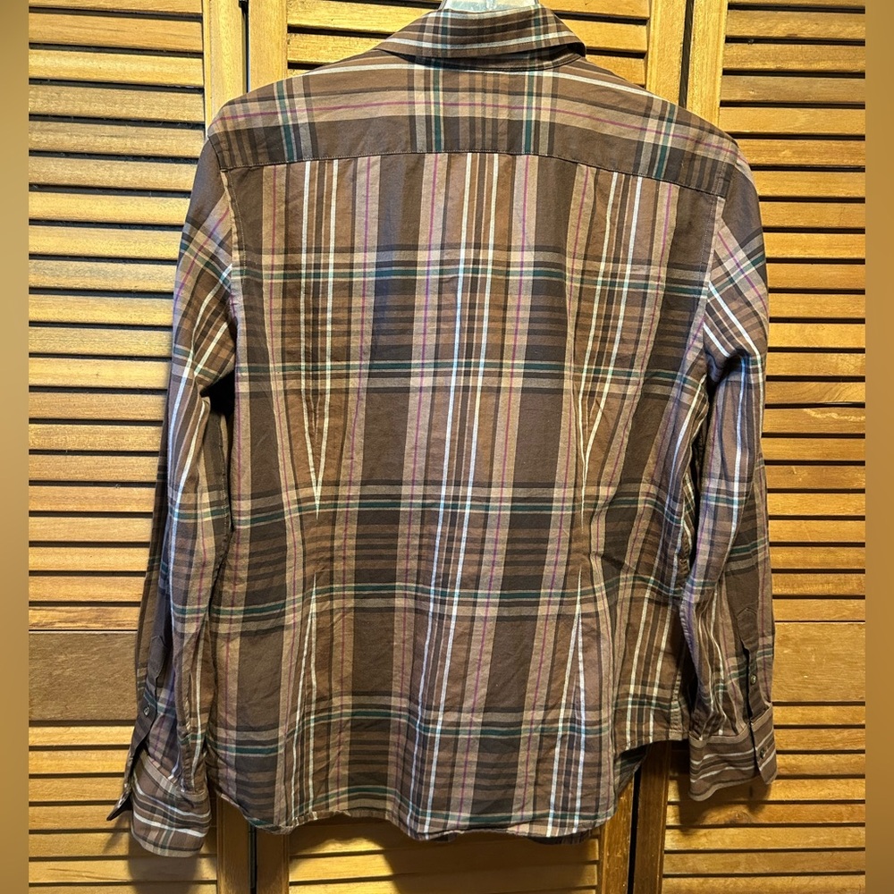 Lauren Ralph Lauren Brown, Tan, Green, Red and White Plaid Ruffled Shirt - Picture 3 of 16